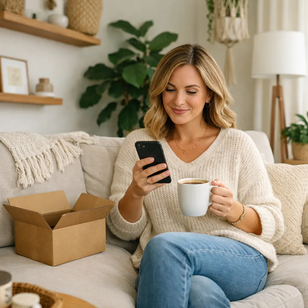 A resident managing pickups on the Nadabox app from her couch, an open box beside her