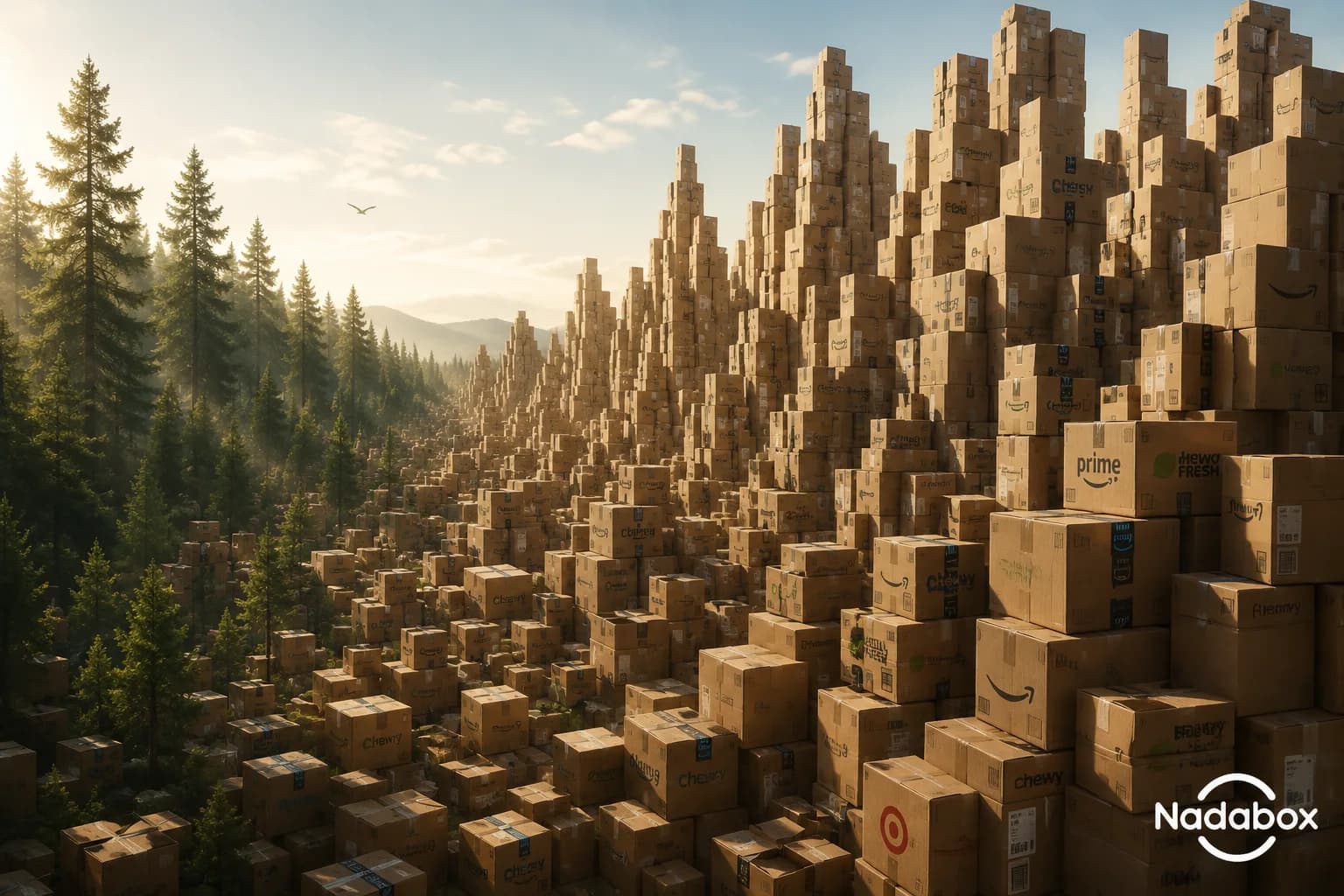 Mountains of stacked cardboard delivery boxes towering over a pine forest at sunrise