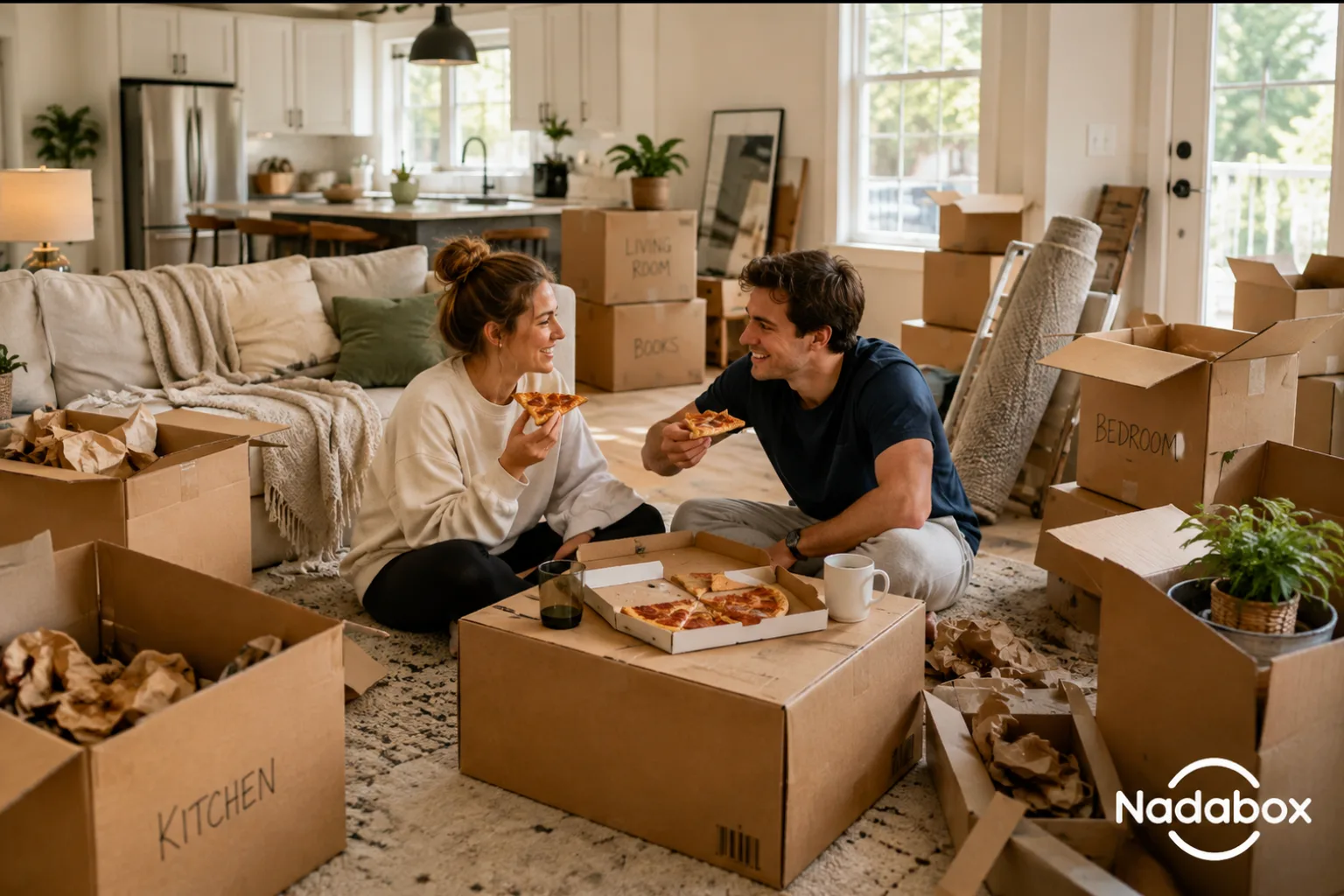 A young couple sitting on the floor of their new home eating pizza, surrounded by moving boxes labeled Kitchen, Bedroom, Living Room and Books