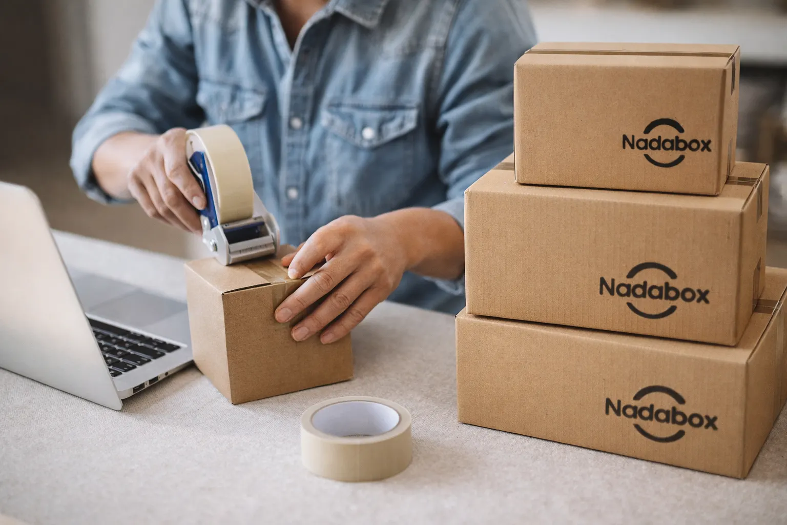 Reused Nadabox shipping boxes taped up and ready to ship again