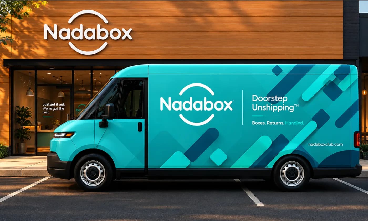 A branded Nadabox van parked at a storefront