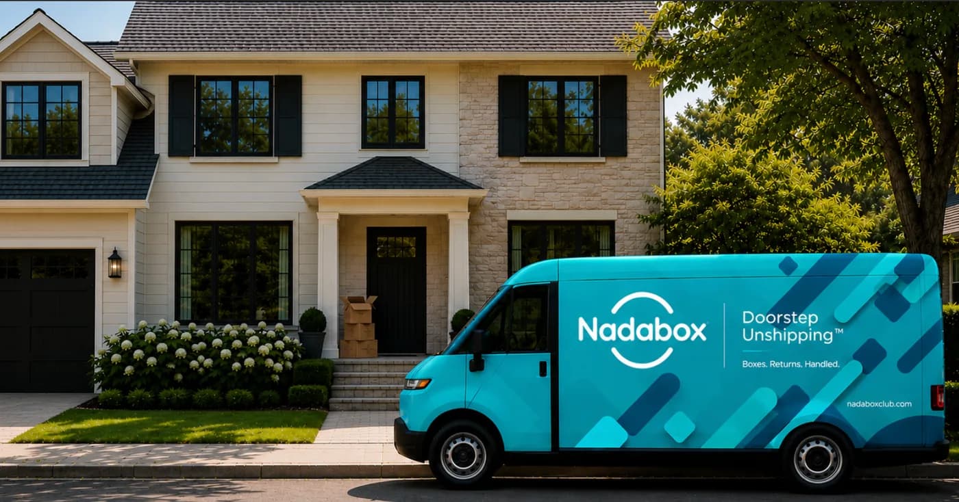 A teal Nadabox van parked in front of a suburban home