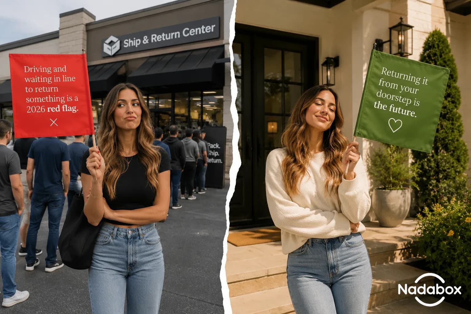Split image: a woman holding a red flag while waiting in a long store return line, and the same woman holding a green flag at her own front door