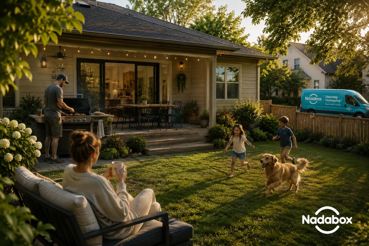 A family unwinding in their backyard at golden hour while a Nadabox van handles the pickup at the curb